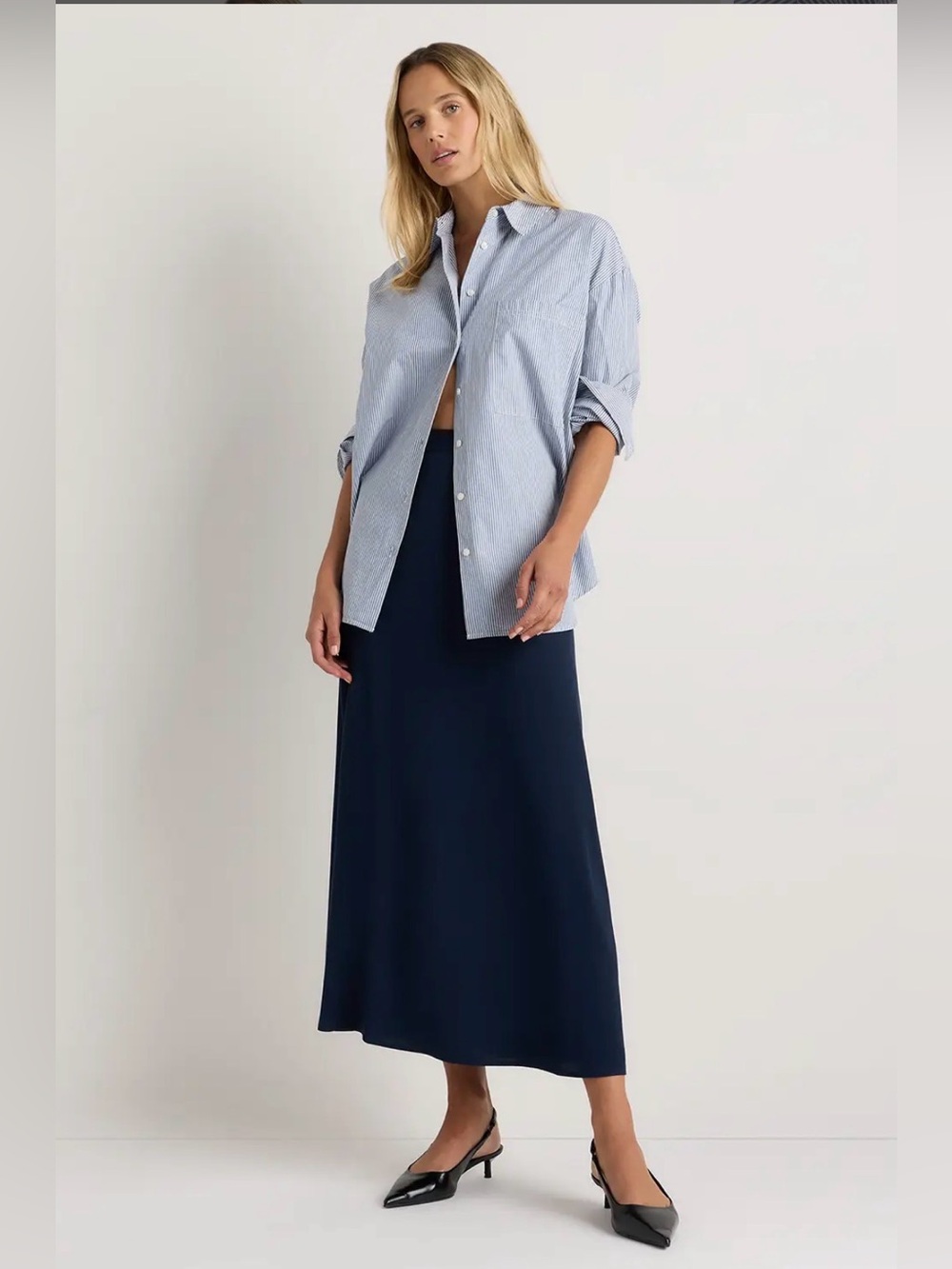 Quince Navy Washable Silk Maxi Skirt Bias Cut Capsule Wardrobe, Medium NWOT